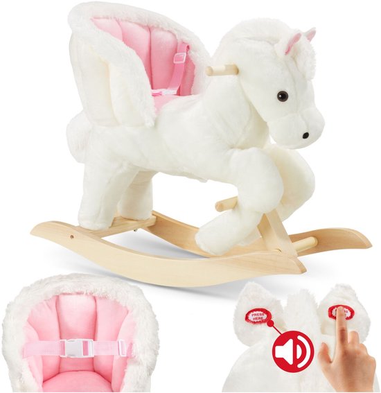 Wit pluche schommelpaard met vleugels en roze zitting, op houten schommels. Inclusief details van de zitting en geluidsdrukknoppen.
