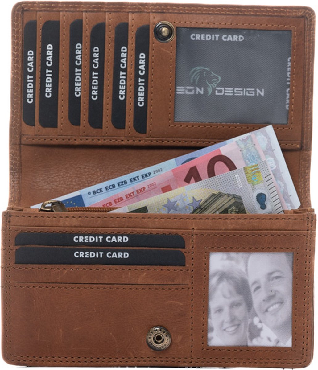 LeonDesign - Portemonnee dames - Ontworpen in Nederland - Vintage bruin & ruimte voor 18 pasjes - 100% lederen portefeuille dames
