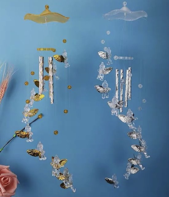engelen windgong met 11 kleine engeltjes onder elkaar in gouden kleur (Kunststof en aluminium)