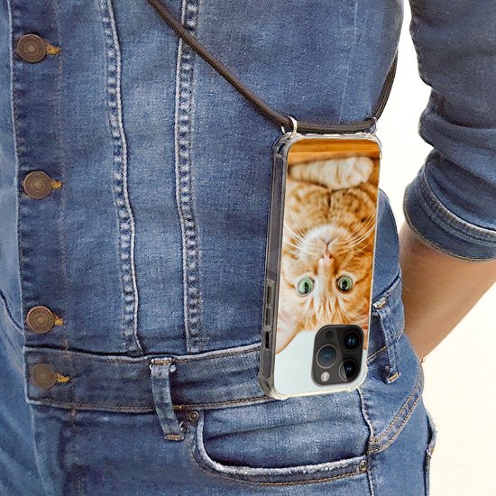 Étui de téléphone adapté à Apple Iphone 14 Pro - Chat - Bois - Étui - Siliconen - Bandoulière - Coque arrière avec cordon - Étui de téléphone avec cordon - Étui avec corde