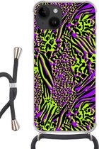 Geschikt voorApple Iphone 14 - Crossbody Case - Dierenprint - Zebra - Neon - Paars - Siliconen - Crossbody - Backcover met Koord - Telefoonhoesje met koord - Hoesje met touw