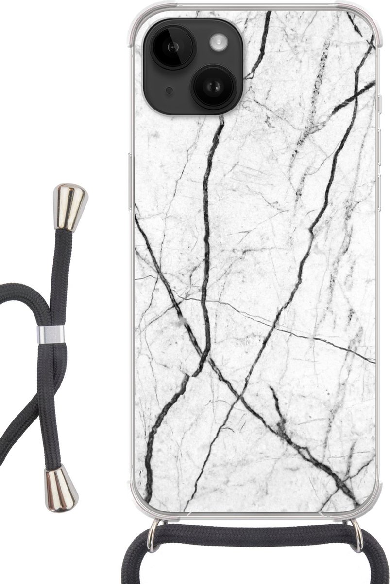 Telefoonkoord - Telefoonketting - Telefoonhoesje Geschikt voor Apple Iphone 14 - Marmer print - Zwart - Wit - Siliconen - Crossbody - Telefoonhoesje met koord Telefoonhoesje