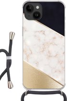 Geschikt voorApple Iphone 14 - Crossbody Case - Marmer print - Goud - Roze - Siliconen - Crossbody - Backcover met Koord - Telefoonhoesje met koord - Hoesje met touw