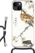 Geschikt voorApple Iphone 14 - Crossbody Case - Vintage - Vogel - Japans - Tekens - Siliconen - Crossbody - Backcover met Koord - Telefoonhoesje met koord - Hoesje met touw