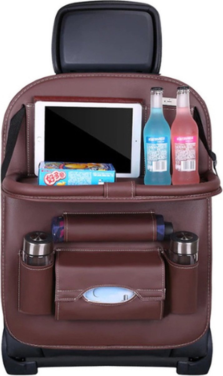 Be-Inspired® Luxe Autostoel Organizer – Autostoel – Achterbank – Carseat Organizer - Met Opklapbaar Tafeltje– Met Tablet Houder – Opberg - Auto Tafeltje – Auto Organizer – Paraplu Houder – Tissuedoos – Tissuebox Houder - Bruin