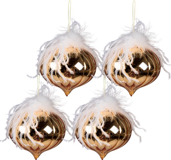 Clayre & Eef Boule de Noël set de 4 Ø 12 cm Couleur or Blanc Verre Décorations d'arbre de Noël