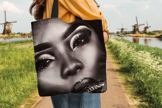 Sac Bandoulière - Sac De Plage - Shopper Femme - Wimpers - Zwart - Wit - 45x45 cm - Sac Coton