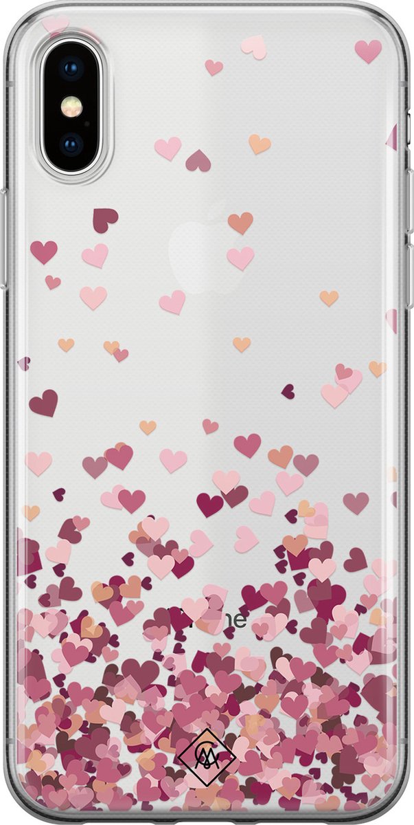Casimoda® hoesje - Geschikt voor iPhone Xs - Falling Hearts - Siliconen/TPU telefoonhoesje - Backcover - Transparant - Rood