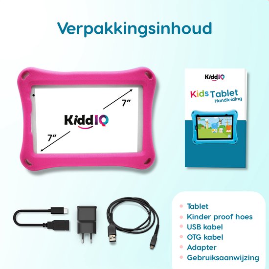 KiddiQ® Kids tablet 7 Inch – Kindertablet - Android 11 - 3500 Mah batterij - Kinderlaptop 32GB - Inclusief kidsproof hoes - Roze - KiddIQ