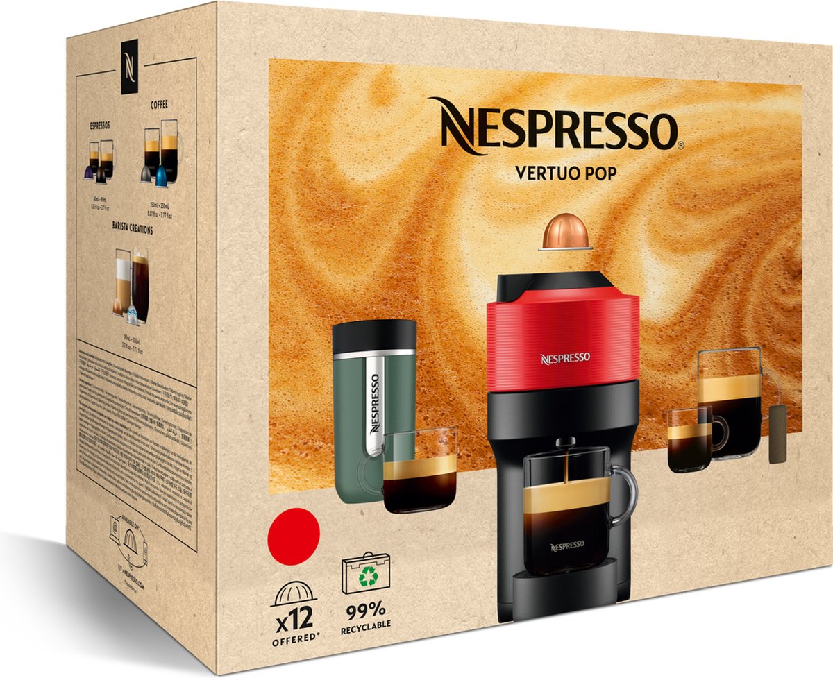 Krups nespresso vertuo pop spicy red xn9205, máquina de cápsulas