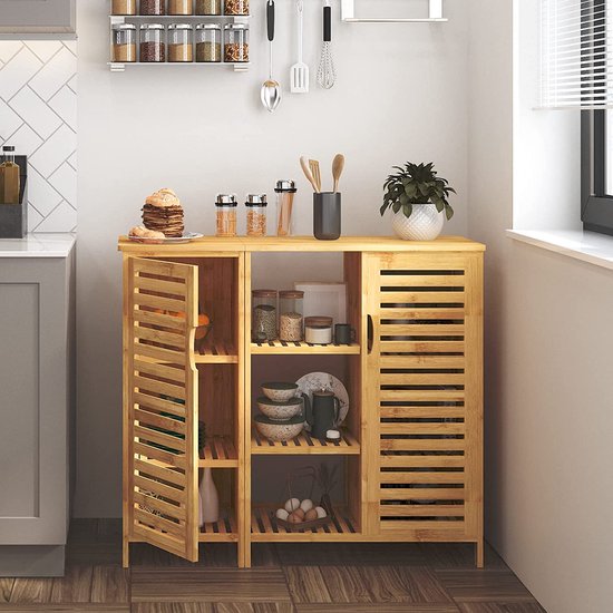 HITNET Bamboe badkamerkast, ruimtebesparende keukenorganizer op de vloer, 4 open planken en 1 deur, walnoot HITNET Bamboe badkamerkast, ruimtebesparende keukenorganizer op de vloer, 4 open planken en 1 deur, walnoot