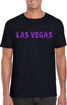 Zwart Las Vegas t-shirt met paarse glitter letters heren - VIP/glamour kleding L