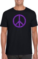 Zwart Flower Power t-shirt paarse glitter peace teken heren - Sixties/jaren 60 kleding XL