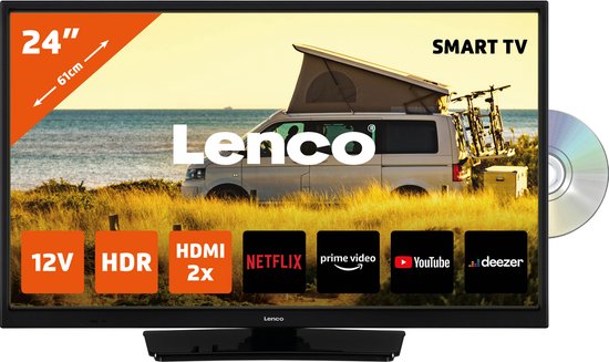 Lenco DVL-2483BK (V2) - 24" Smart TV met ingebouwde DVD speler en 12V Auto Adapter - Zwart