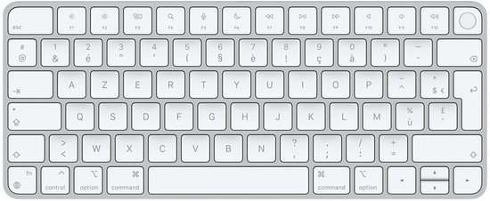 Een wit Apple Magic Keyboard met QWERTY lay-out, gezien vanaf de voorkant.