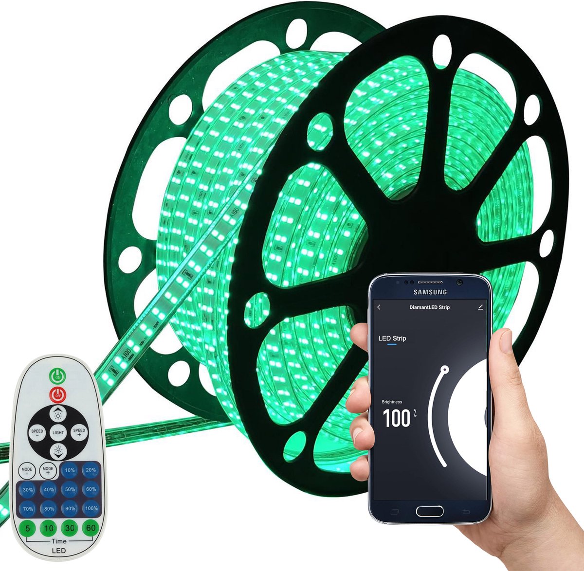 LED Strip Groen - 50 Meter aan één stuk - 180 LED's per meter - Met Wi-Fi App + IR 23 knops afstandsbediening - Smarthome - Google Home/Amazon Alexa - Waterdicht - Makkelijke mobiele App voor bedienen inclusief afstandsbediening - iOS en Android