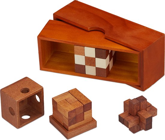 Relaxdays houten denkspellen - kubus slang - iq puzzel volwassenen - 3d puzzel kubus