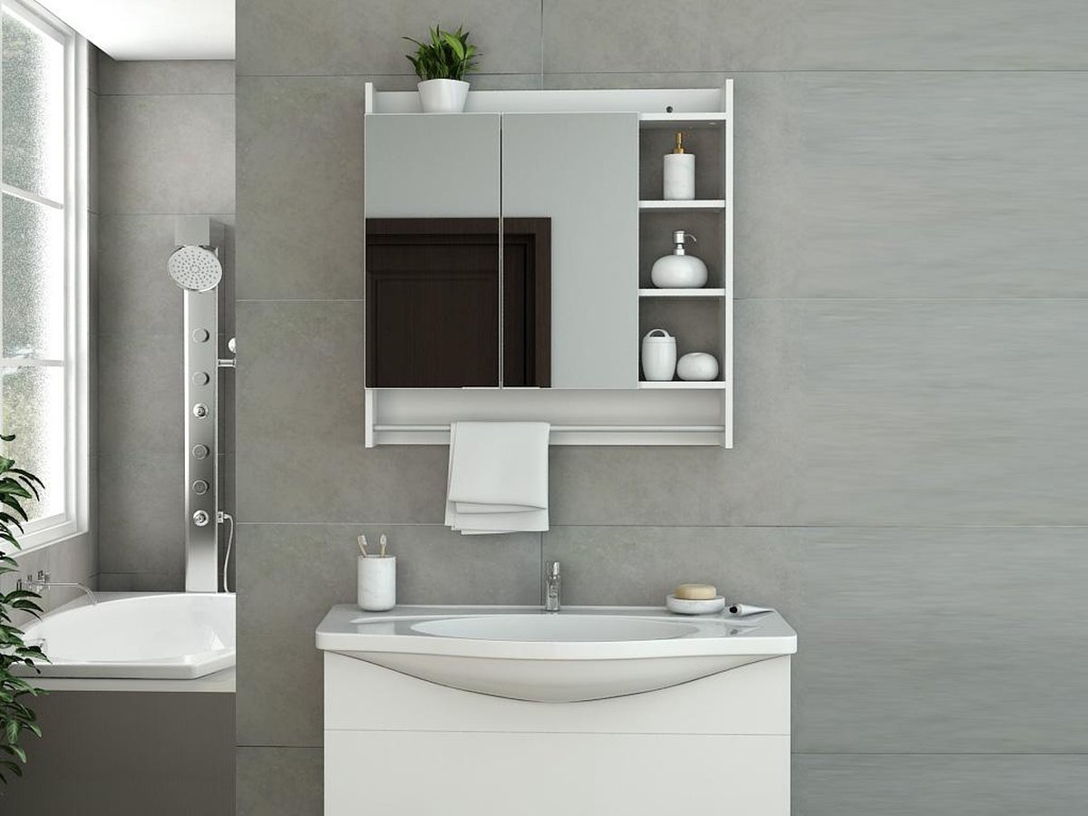 Badkamer muurkast met spiegel en handdoekhouder AVAZU - Wit L 80 cm x H 80 cm x D 16 cm