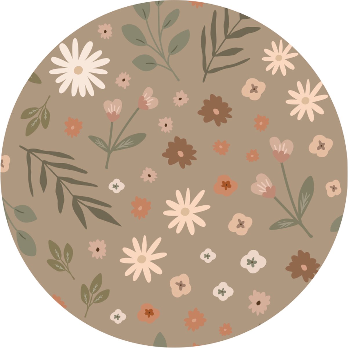 Behangcirkel Flowerprint bruin - Ø 50 cm - Muurcirkel binnen - Wanddecoratie - Bloemenprint abstract - PVC-vrij airtex behang - Babykamer en kinderkamer - Babykamer accessoires