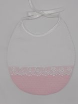 Slabbetje Rosalynn Vintage wit badstof met roze ajour + wit kantje, katoen, striklintjes, vochtopnemend