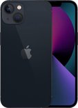 Achterkant van een donkerblauwe iPhone met dubbele camera en scherm aan de voorkant.