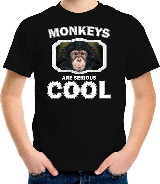 Dieren apen t-shirt zwart kinderen - monkeys are serious cool shirt  jongens/ meisjes - cadeau shirt leuke chimpansee/ apen liefhebber - kinderkleding / kleding 146/152