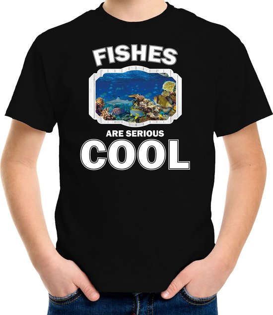 Dieren vissen t-shirt zwart kinderen - fishes are serious cool shirt  jongens/ meisjes - cadeau shirt vis/ vissen liefhebber - kinderkleding / kleding 110/116