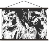 Porte-affiche avec affiche - Affiche scolaire - Aquarelles animaux de la jungle sur fond sombre - noir et blanc - 150x100 cm - Lattes noires