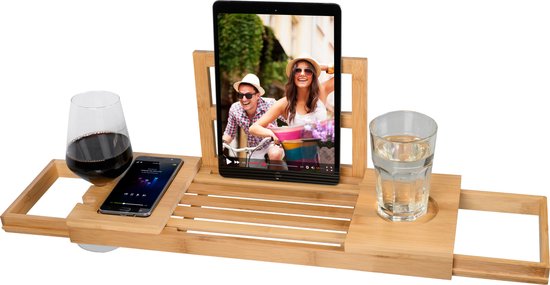 Badplank - Badrek - Uittrekbaar - 50-85 centimeter - 100% Eco Bamboe - Ruimte voor Tablet, Telefoon, Boek, Glas, Kaars