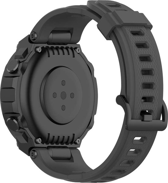 Bracelet de montre connectée en silicone gris foncé attaché à l'arrière d'une montre connectée noire.