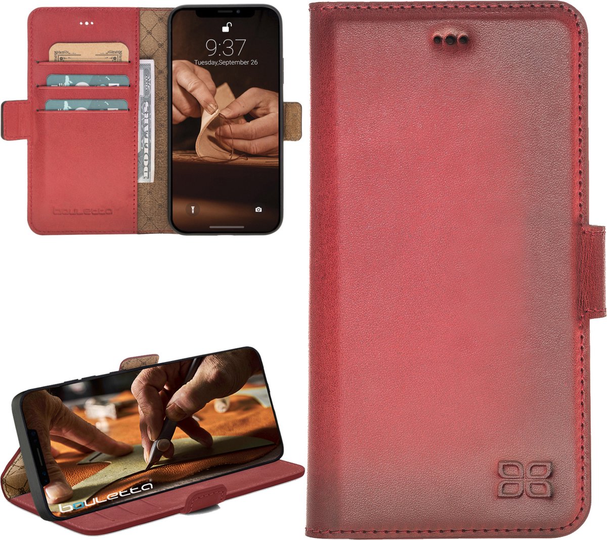 Bouletta geschikt voor iPhone 14 Plus lederen BookCase hoesje - Burned Red