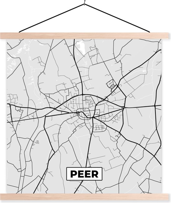Posterhanger incl. Poster 120x120 cm - Schoolplaat - Stadskaart – Zwart Wit - Kaart – Peer – België – Plattegrond - Textielposter - Blanke latten - Plattegrond