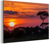 Wanddecoratie Metaal - Aluminium Schilderij Industrieel - Uitzicht van de zonsondergang in het Nationaal park Serengeti in Tanzania - 150x100 cm - Dibond - Foto op aluminium - Industriële muurdecoratie - Voor de woonkamer/slaapkamer