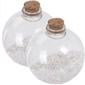 2x Transparante fles kerstballen met witte glitters 8 cm - Onbreekbare kerstballen - Kerstboomversiering wit