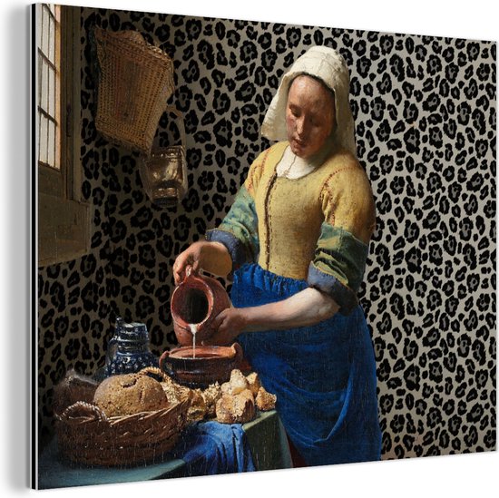 Wanddecoratie Metaal - Aluminium Schilderij Industrieel - Melkmeisje - Kunst - Panterprint - Vermeer - Schilderij - Oude meesters - 80x60 cm - Dibond - Foto op aluminium - Industriële muurdecoratie - Voor de woonkamer/slaapkamer