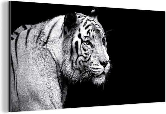 Wanddecoratie Metaal - Aluminium Schilderij Industrieel - Dierenprofiel tijger in zwart-wit - 80x40 cm - Dibond - Foto op aluminium - Industriële muurdecoratie - Voor de woonkamer/slaapkamer