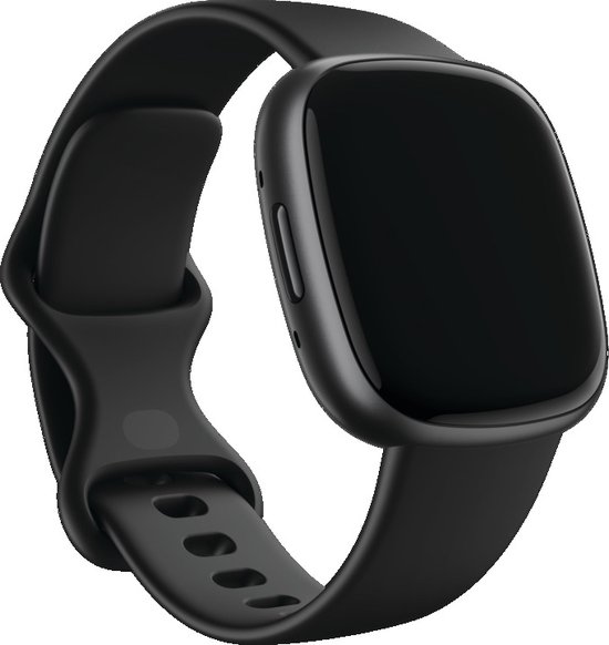 Zwarte Fitbit Versa 4 smartwatch, zijaanzicht.