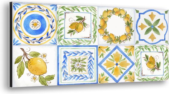 Bordure (2x) - Métal - Dos de plaque de cuisson - Panneau de Cuisine Splashback XL - Métal en aluminium - Citrons dessinés à la main et texture imprimée bleue - 48 x 24 cm (Lxl)