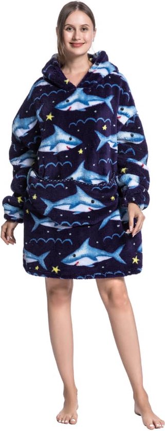 Haai fleece deken met mouwen en capuchon – fleece hoodie – fleece kleed met capuchon en mouwen – maat XS t/m XL – TV plaid met mouwen - 90 cm - chillen – relax outfit - zwart - Badrock