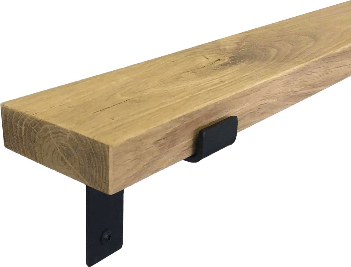 GoudmetHout Wandplank Industrieel - 40 x 10 cm Muurplank - Eiken Hout - Decoratie Wandrek & Boekenrek - Hangplank Keuken - Wall Shelf + 2 Mat Zwarte Plankdragers van Staal