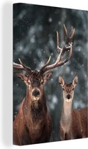 Canvas - Hert - Sneeuw - Dieren - Winter - Bos - Canvasschilderij - 60x90 cm - Canvas woonkamer - Schilderijen op canvas