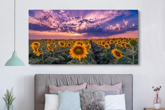 Toile - Peinture fleurs - Tournesol - Soleil - Nuages ​​- Soir - Décoration murale - Photo sur toile - Canvasdoek - 160x80 cm - Salon