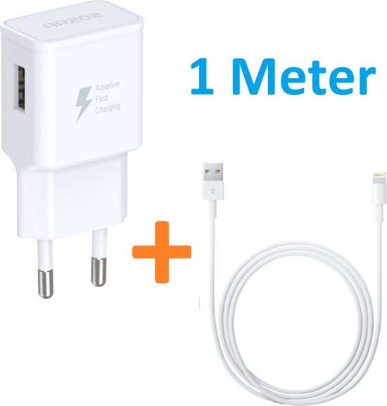 USB Stekker met Geschikt voor: Lightning Kabel 1 Meter - Snellaadfunctie - Oplaadsnoer - Oplader - Snellaadfunctie - USB Oplader - Snellader - Oplader - Fast Charging - Adapter - Snellader - Adapter USB - Adapter Universeel