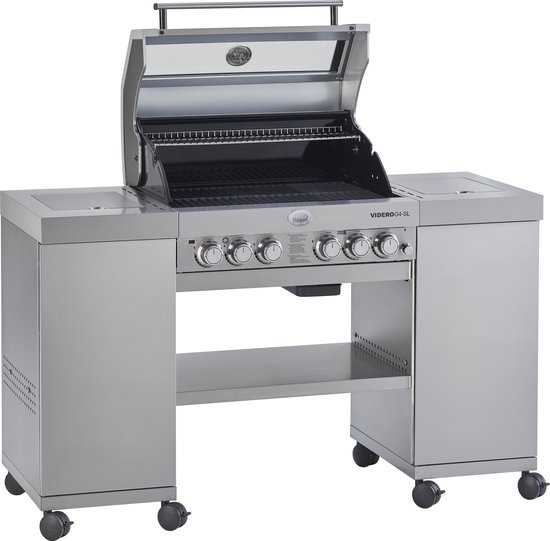 RÖSLE Barbecue à gaz VIDERO G4-S noir, barbecue avec 4 brûleurs en acier inoxydable, zone primezone supplémentaire et brûleur latéral, tables latérales rabattables, Vario , acier revêtu par