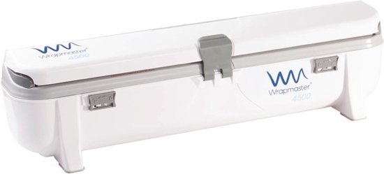 Distributeur de film alimentaire Wrapmaster 4500 blanc fermé avec des accents gris sur fond blanc.