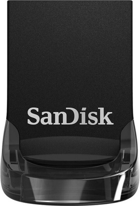 Zwarte SanDisk Ultra Fit 64 GB USB 3.1 flash drive, voorkant met transparante onderkant.
