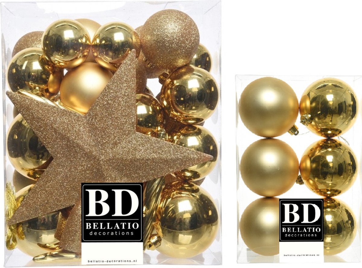 39x stuks kunststof kerstballen met ster piek goud mix - Kerstversiering/boomversiering