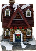 1x Polystone kersthuisjes/kerstdorpje huisjes rood dak met verlichting 13,5 cm - Kerstdorp onderdelen - Verlichte kersthuisjes