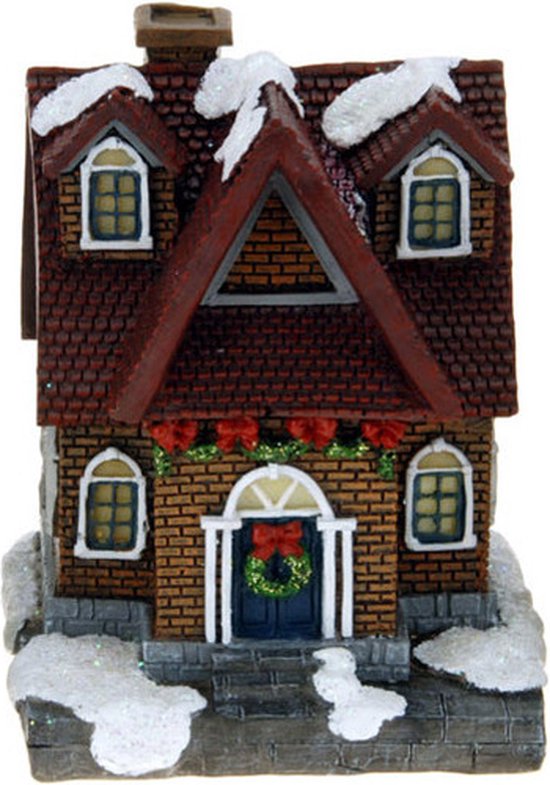 Kersthuisjes/kerstdorp huisje - rood dak - Polystone - 14 cm - met verlichting - kerstversiering