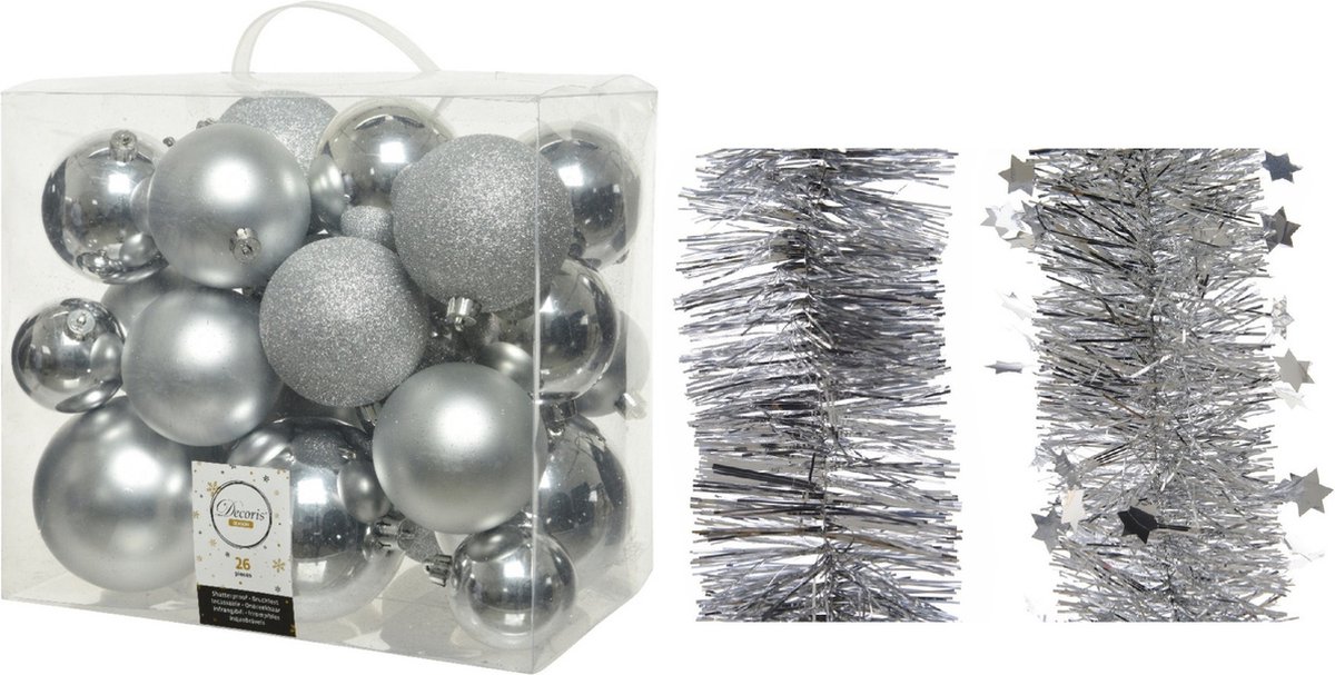 Kerstversiering kunststof kerstballen 6-8-10 cm met folieslingers pakket zilver van 28x stuks - Kerstboomversiering